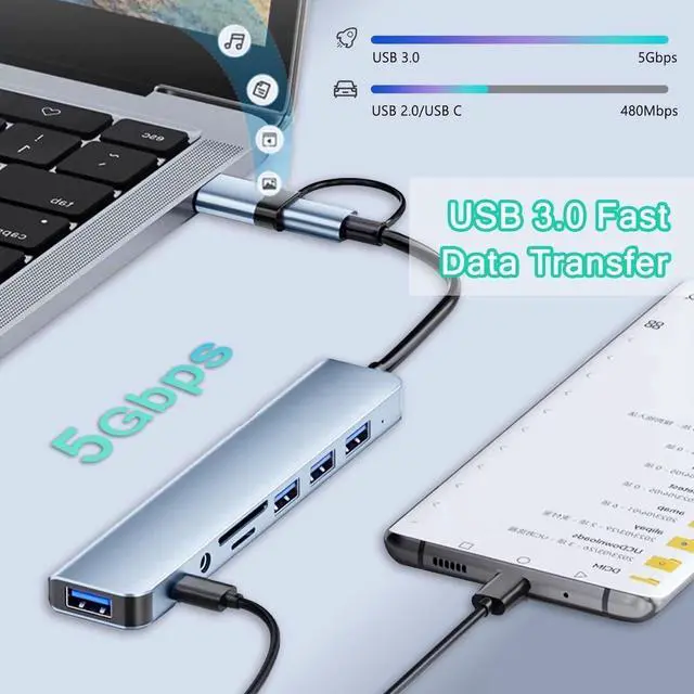 Alt view image 3 of 7 - USB A Type C Hub,  8 in 1 USB C to USB Adapter with 100W Type C PD, SD/Micro SD Card Reader, USB3.0&3 USB2.0,3.5mm Audio, USB C Dongle Multiport Adapter for MacBook Air/Pro, iPad Pro M1