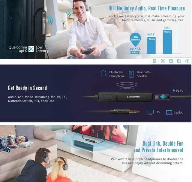 Alt view image 7 of 7 - Bluetooth Transmitter 4.2 Wireless Audio Music Adapter Dual Link APTX 3.5mm Aux Jack Pairing 2 Bluetooth Headphone, TV, Speaker, Headset, Dongle, Laptop, PC, Home Stereo Sound System