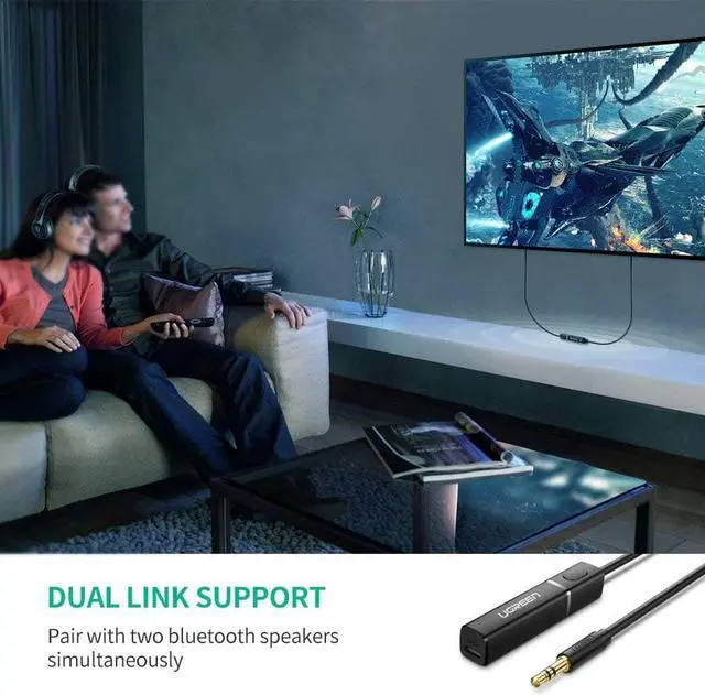 Alt view image 6 of 7 - Bluetooth Transmitter 4.2 Wireless Audio Music Adapter Dual Link APTX 3.5mm Aux Jack Pairing 2 Bluetooth Headphone, TV, Speaker, Headset, Dongle, Laptop, PC, Home Stereo Sound System