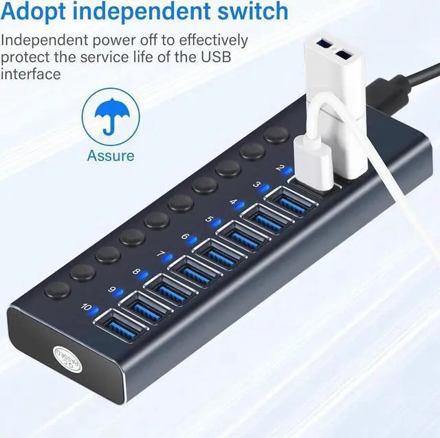 Alt view image 4 of 7 - Powered USB Hub 3.0, 10-Port USB 3.0 Hub [Durable Aluminum] 10 Data Transfer Ports with Individual On/Off Switches, USB Hub 3.0 Powered with Power Adapter for Laptop PC