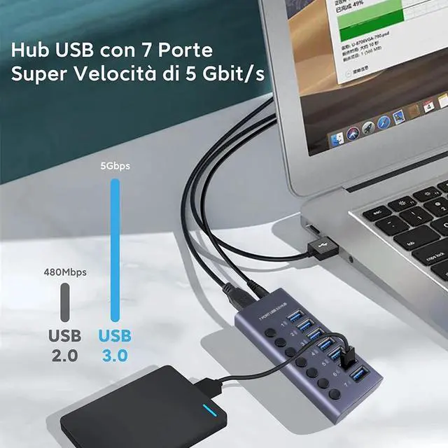 Alt view image 3 of 7 - Powered USB Hub 3.0, 7-Port USB 3.0 Hub [Durable Aluminum] 7 Data Transfer Ports with Individual On/Off Switches, USB Hub 3.0 Powered with Power Adapter for Laptop PC