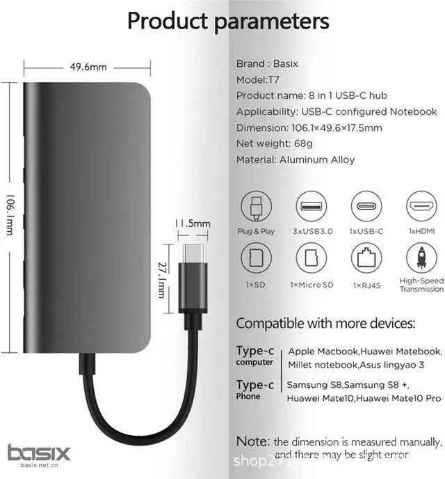 Alt view image 3 of 7 - USB 3.1 Type C HUB forType-C to USB 3.0 / 4K HDMI / RJ45 Ethernet / SD TF Card reader 8 in1 USB Type-C OTG For New Macbook-Silver