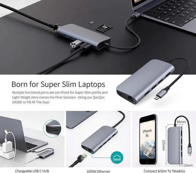 Alt view image 7 of 7 - USB 3.1 Type C HUB forType-C to USB 3.0 / 4K HDMI / RJ45 Ethernet / SD TF Card reader 8 in1 USB Type-C OTG For New Macbook-Silver