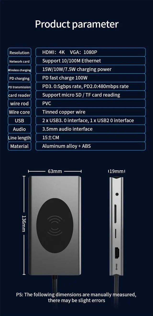 Alt view image 2 of 7 - 13 IN 1 Laptop Docking Station, with 4K HDMI, VGA, RJ45 Ethernet, USB3.0,USB-C Data Port, SD/TF Card Reader,Audio Port,Wireless Charging Compatible with MacBook/Surface/HP/Dell