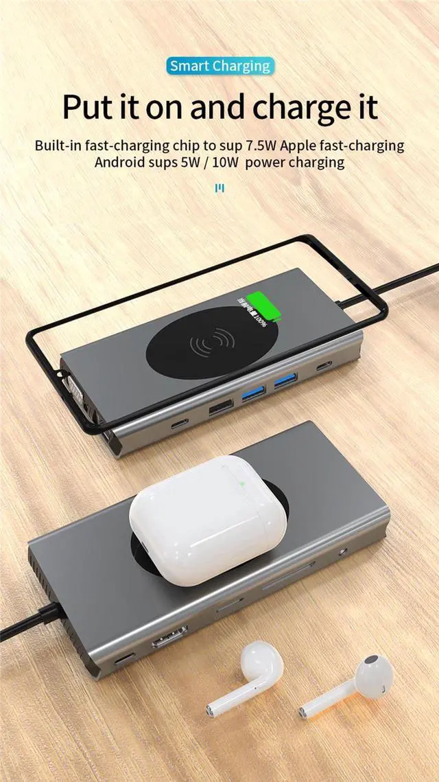 Alt view image 4 of 7 - 13 IN 1 Laptop Docking Station, with 4K HDMI, VGA, RJ45 Ethernet, USB3.0,USB-C Data Port, SD/TF Card Reader,Audio Port,Wireless Charging Compatible with MacBook/Surface/HP/Dell