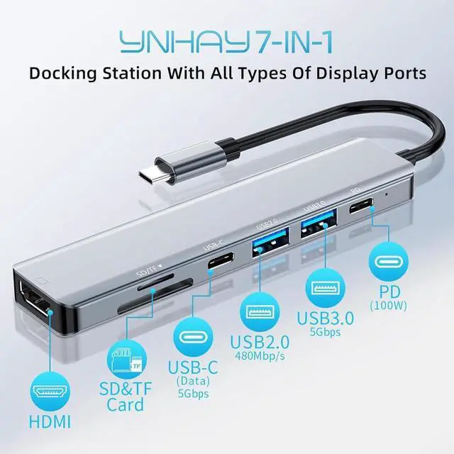 Alt view image 2 of 7 - USB C Hub, 7 in 1 USB C to HDMI Multiport Adapter, 4K HDMI, Power Delivery 100 W, USB 3.0 Port, USB 2.0, USB C , SD/TF Card Reader, USB C Dongle for MacBook Pro/Air, Laptop and USB C Devices
