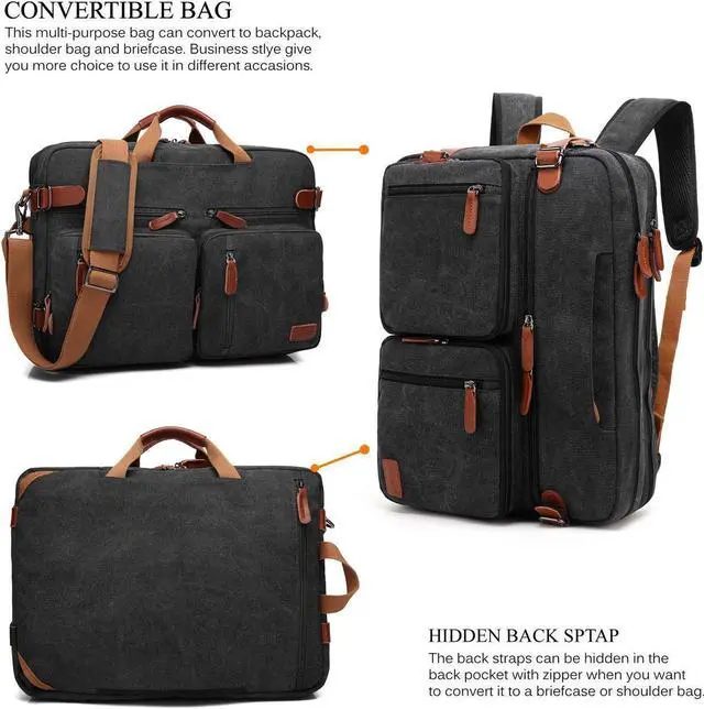 Alt view image 2 of 7 - Convertible Laptop Backpack Canvas Messenger Bag Shoulder Briefcase Multifunctional Travel Rucksack Hiking Knapsack College Notebook Bag Fits 17.3 Inch Laptops for Men/Women, Canvas Black