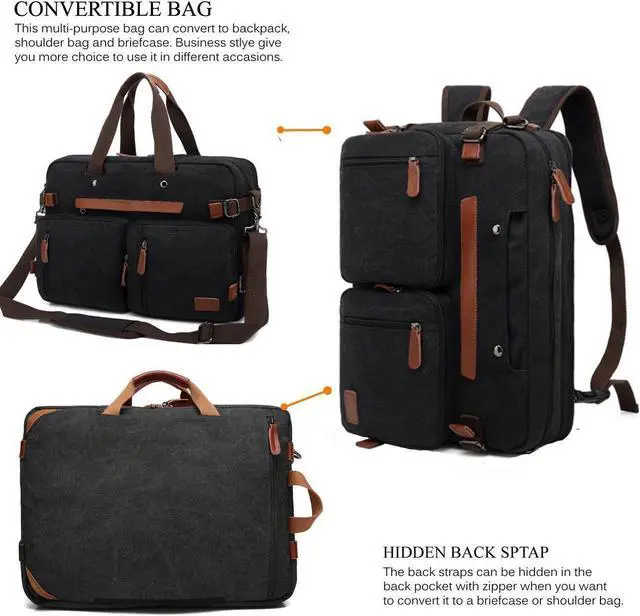 Alt view image 2 of 7 - Water Resistant Multifunctional Business Professional and College School Student Backpack Daypack Fits 17.3'' Laptop. Convertible backpack to briefcase and shoulder bag (Canvas Black)