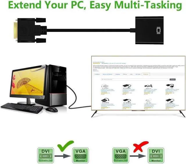 Alt view image 7 of 7 - DVI to VGA Adapter Cable 1080P DVI-D Male to VGA Female Gold Plated Monitor Cable from Laptop, PC Host, Graphics Card to Monitor Display or Projector - DVI-D 24+1 to VGA