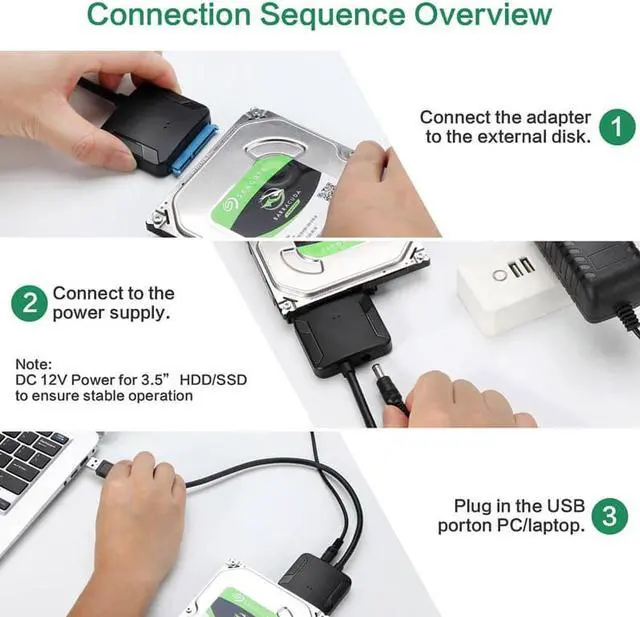 Alt view image 4 of 7 - USB3.0 Adapter Cable Converter 22 pin USB 3.0 to SATA Cable with 12V 2A Power adapter For 2.5 inch 3.5 inch HDD SSD Hard Disk Support UASP