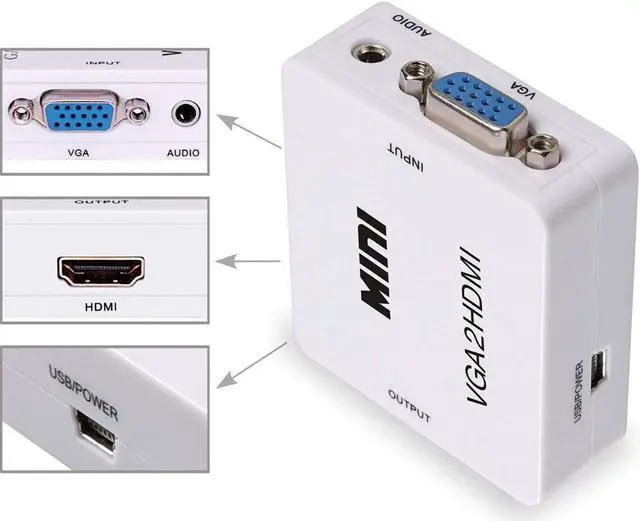 Alt view image 5 of 7 - VGA to HDMI Converter Gold-Plated Active Full HD 1080P Female to Female Adapte with USB Cable and 3.5mm Audio Port Cable for PC Laptop Display Computer Mac Projector (White)