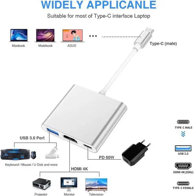 Alt view image 2 of 7 - USB-C to HDMI AdapterType C to HDMI 4K+USB 3.0+USB-C Converter Cable Charging Port Adapter for Apple MacBook ChromeBook Pixel Projector TV