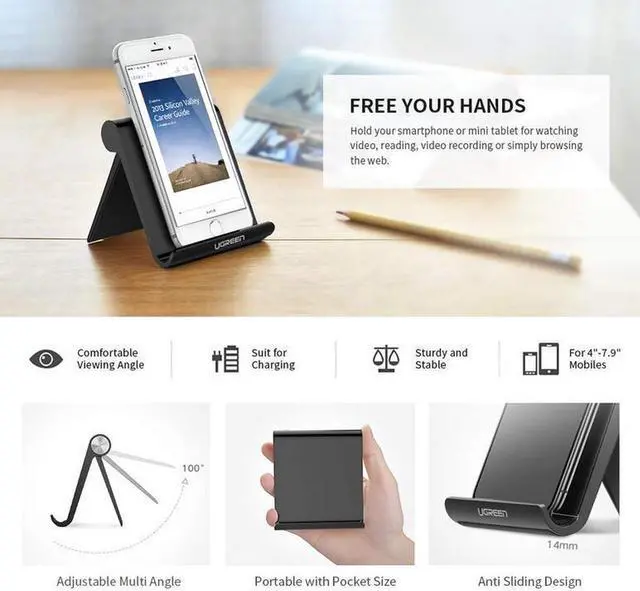 Alt view image 7 of 7 - Phone Stand Cell Phone Holder for iPhone X, iPhone 8 6S, Samsung Mobile Phone, Apple iPhone 7 Plus 5S 6 SE 5C, Galaxy S9 S7 Edge S8 S5 S6, LG G6 V20 K10, Google Pixel, HTC Smartphone (Black)