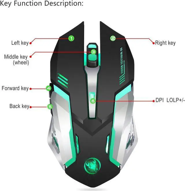 Alt view image 2 of 7 - Wireless Lightweight Gaming Mouse, Optical Rechargeable LED Wireless Gaming Mouse with 7-color Backlit, USB Receiver, Ergonomic Grips, 5 Button, One-Click Desktop - Black