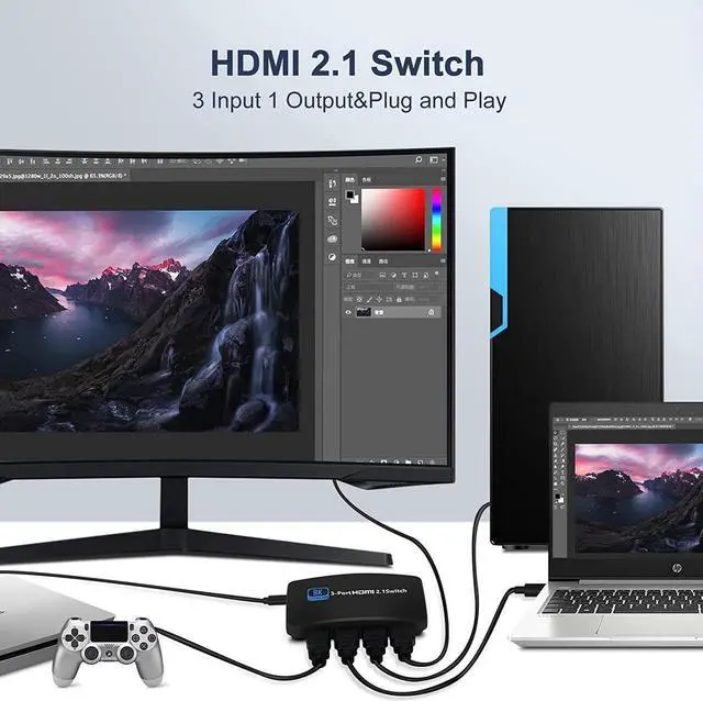 Alt view image 4 of 7 - 3-Port 8K HDMI Switch, HDMI 2.1 Switcher 4K 120Hz HDR10, 8K 60Hz UHD, HDMI Switch 3 in 1 Out, Power Adapter and Remote Included (OZ8Q3)