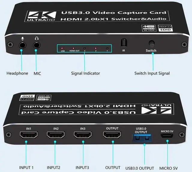 Alt view image 2 of 7 - 4K@60Hz 3X1 HDMI Video Capture Card with Mic & 3.5mm Audio 4K 60fps Board Game Capture Card USB3.0/Type-C Recorder Box Device for Live Streaming Video Recording Loop Out