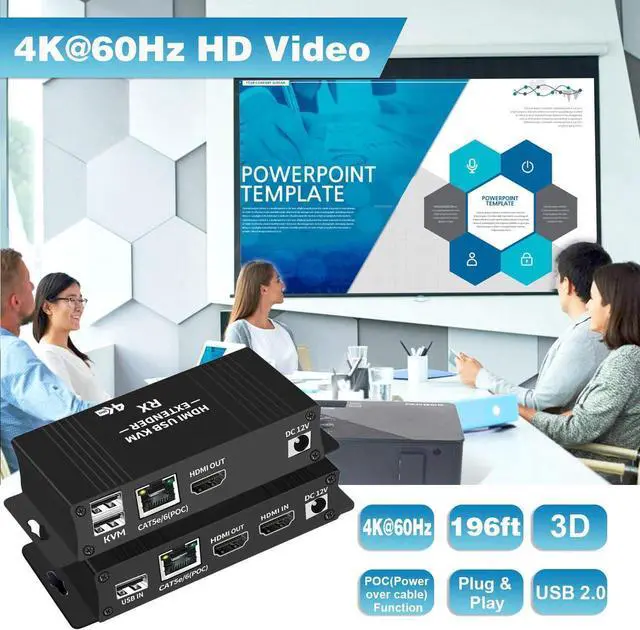 Alt view image 2 of 7 - 4K@60Hz HDMI KVM USB Extender Over Cat 5e/6 up to 60M(196ft), KVM Extender Over IP Zero Latency Support All System, Plug & Play, 2 Ports USB2.0 (Transmitter and Receiver)