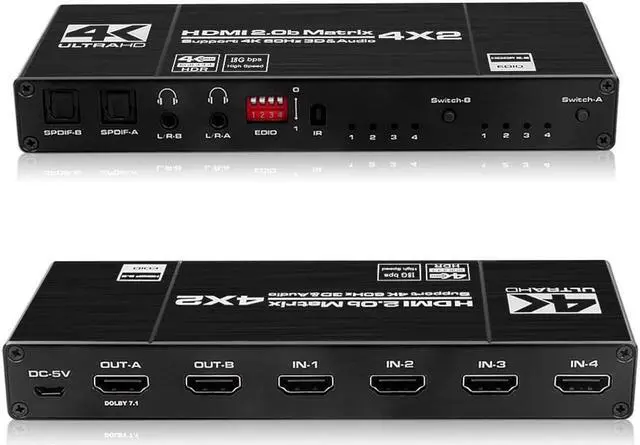 Main image of HDMI Matrix 4x2, 4K HDMI Matrix Switch 4 in 2 Out Switcher Splitter Box with 2xSPDIF Audio, 2x3.5mm L/R Audio and IR Remote Control, Support Ultra 4Kx2K@60Hz, HDR10, 3D, 1080PHDMI2.0b, HDCP2.2