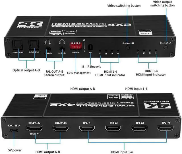 Alt view image 2 of 7 - HDMI Matrix 4x2, 4K HDMI Matrix Switch 4 in 2 Out Switcher Splitter Box with 2xSPDIF Audio, 2x3.5mm L/R Audio and IR Remote Control, Support Ultra 4Kx2K@60Hz, HDR10, 3D, 1080PHDMI2.0b, HDCP2.2