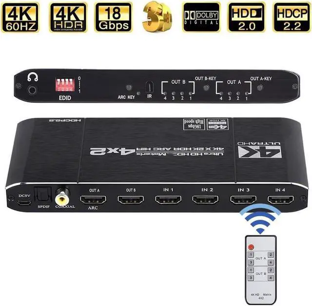 Main image of HDMI Matrix Switch 4x2 4K@60Hz 4:4:4 HDR ARC/SPDIF 5.1CH, Coaxial, 3.5mm Stereo Audio,  HDCP 2.2 18Gbps, Matrix Splitter 4 in 2 Out with EDID Extractor and Remote Control