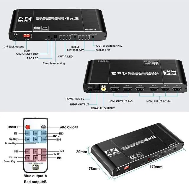 Alt view image 2 of 7 - HDMI Matrix Switch 4x2 4K@60Hz 4:4:4 HDR ARC/SPDIF 5.1CH, Coaxial, 3.5mm Stereo Audio,  HDCP 2.2 18Gbps, Matrix Splitter 4 in 2 Out with EDID Extractor and Remote Control