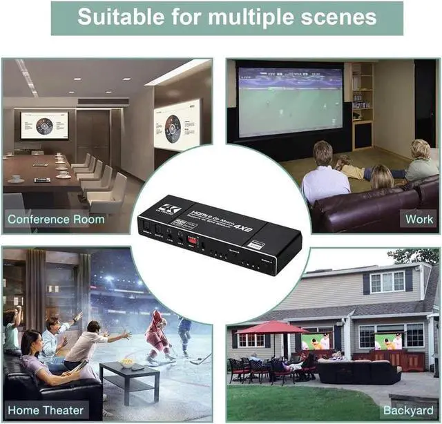 Alt view image 7 of 7 - HDMI Matrix 4x2, 4K HDMI Matrix Switch 4 in 2 Out Switcher Splitter Box with 2xSPDIF Audio, 2x3.5mm L/R Audio and IR Remote Control, Support Ultra 4Kx2K@60Hz, HDR10, 3D, 1080PHDMI2.0b, HDCP2.2