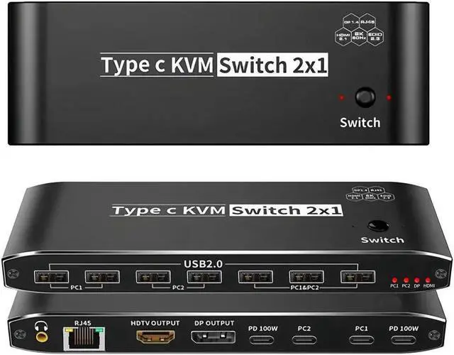 Main image of USB-C 8K KVM Switch 2 PC Input 1 DP/HDMI Monitor Output, 8K@60Hz 4K@144Hz 2-Port 100W PD with 7 USB2.0 Port,3.5mm Audio Jack RJ45 2 PC Sharing one USB Keyboard Mouse U disks
