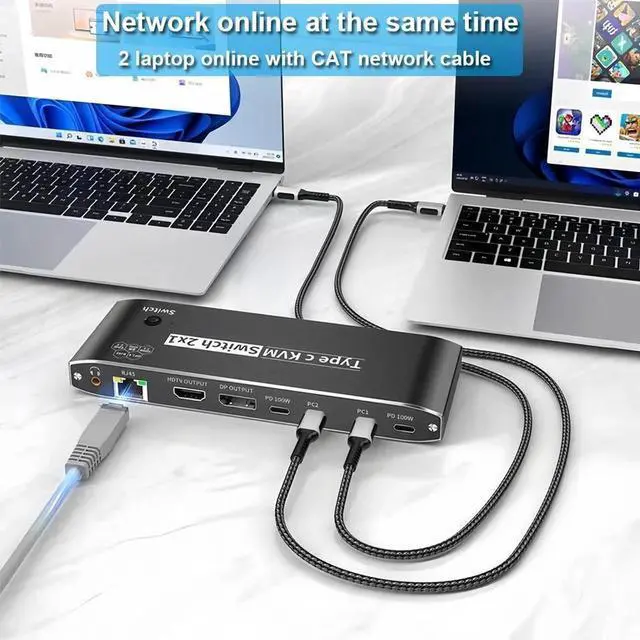 Alt view image 3 of 7 - USB-C 8K KVM Switch 2 PC Input 1 DP/HDMI Monitor Output, 8K@60Hz 4K@144Hz 2-Port 100W PD with 7 USB2.0 Port,3.5mm Audio Jack RJ45 2 PC Sharing one USB Keyboard Mouse U disks