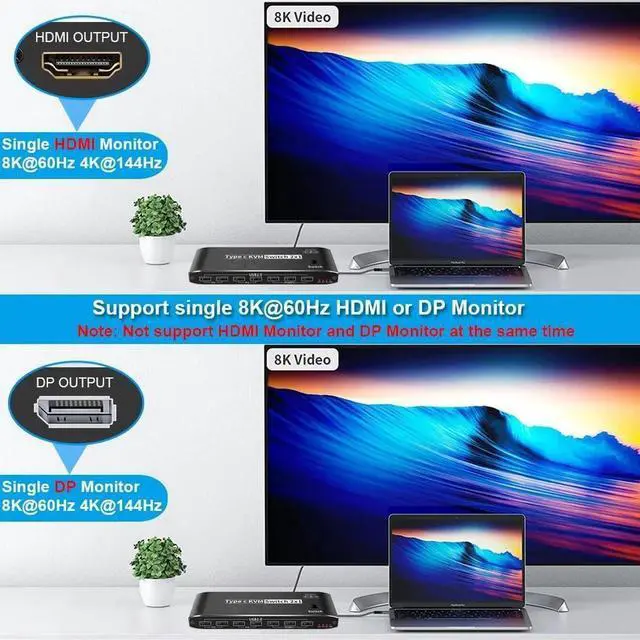 Alt view image 5 of 7 - USB-C 8K KVM Switch 2 PC Input 1 DP/HDMI Monitor Output, 8K@60Hz 4K@144Hz 2-Port 100W PD with 7 USB2.0 Port,3.5mm Audio Jack RJ45 2 PC Sharing one USB Keyboard Mouse U disks