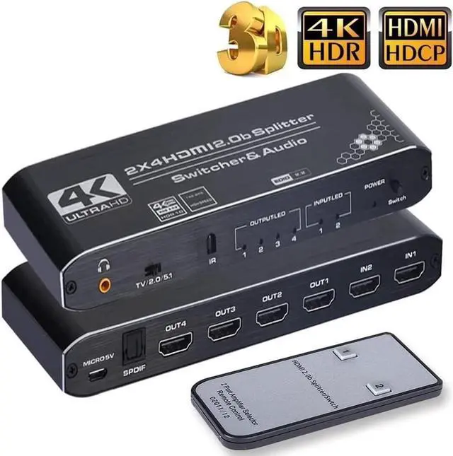 Main image of HDMI Switch Splitter with Audio Extractor 4K@60Hz Optical 3.5mm Audio Out 4K HDMI Switcher 2 in 4 Out HDMI Audio Splitter Converter IR Remote Control Support HDCP 2.2, HDMI2.0b, RGB4:4:4, 4K HDR