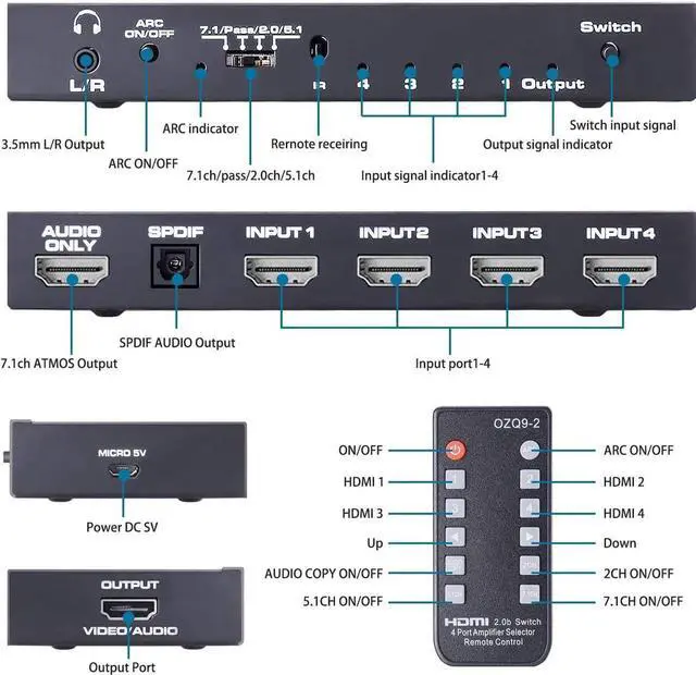 Alt view image 2 of 7 - HDMI Switch 4x1 with Audio Extractor, 4K@60Hz Ultra HD HDMI Switcher with Optical TOSLINK SPDIF, 3.5mm Audio Support ARC Function, 3D, 1080P @120Hz, 4Kx2k @60Hz HDTV (IR Wireless Remote Control)