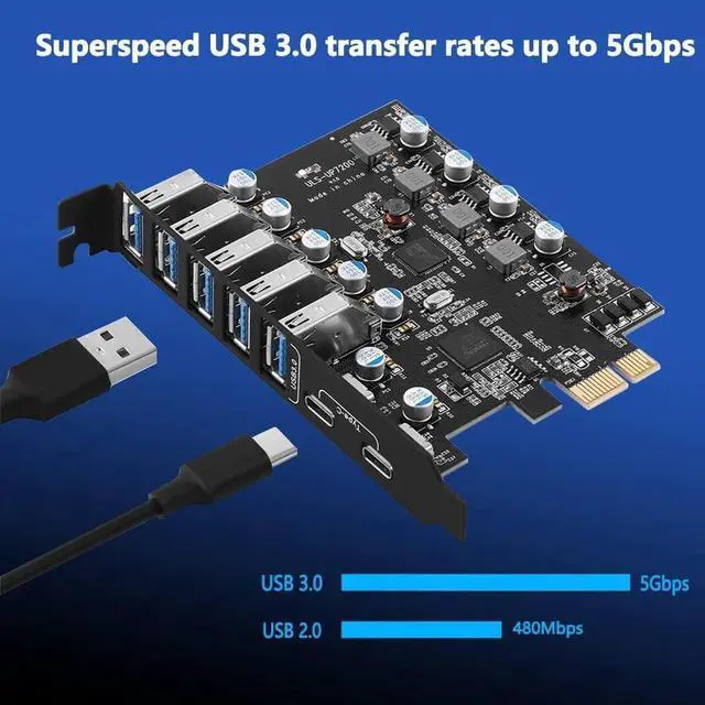 Alt view image 2 of 7 - USB 3.0 PCI-e Expansion Card 7Port(2X USB C - 5X USB A), PCI-e x1 to USB 3.0 HUB Adapter 5Gbps