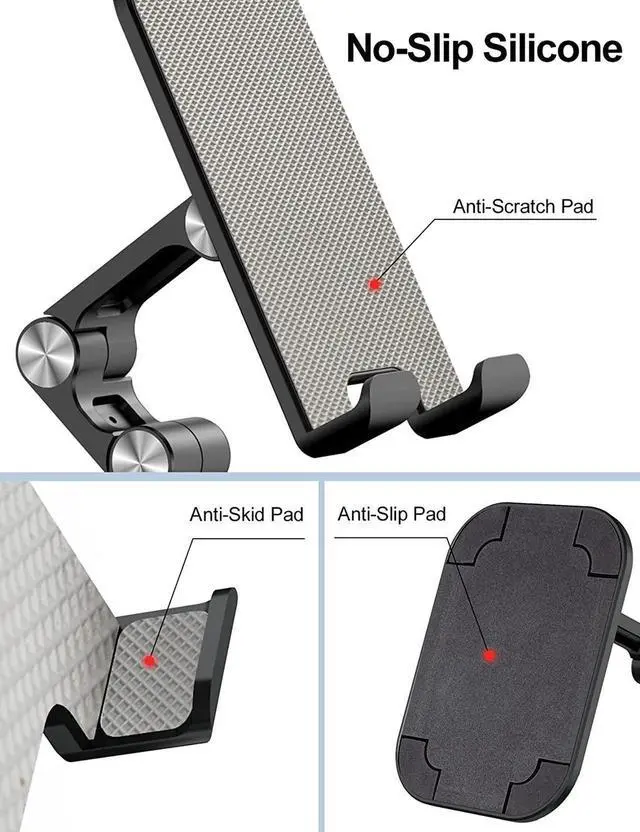 Alt view image 3 of 7 - Desktop Cell Phone Stand Adjustable, [2022 Updated] Foldable Portable Tablet Stand, Smartphones Desk Holder with Anti-Slip Design for 4-13inch iPhone Android Smartphone/ iPad/Kindle/Tablet Black