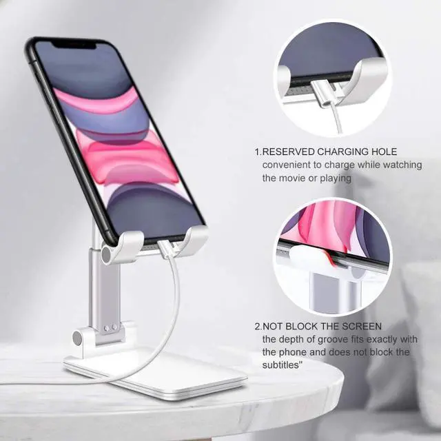 Alt view image 5 of 7 - Cell Phone Stand Height Adjustable, [2022 Updated] Dual Tube Foldable Phone Stand,Portable Tablet Stand, Smartphones Desk Holder with Anti-Slip Design for iPad/Tablet/Mobile Phone(White)