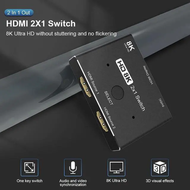 Alt view image 4 of 7 - HD Switcher 8K, HDMI 2.1 Switch Splitter KVM 2 in1 Out Ultra HD 8K@60Hz 4K@120Hz High Speed 48Gbps Switch Adapter with Switch Button for Computer Laptop 2 Sources to 1 Display For PS4/5 TV Box HDTV