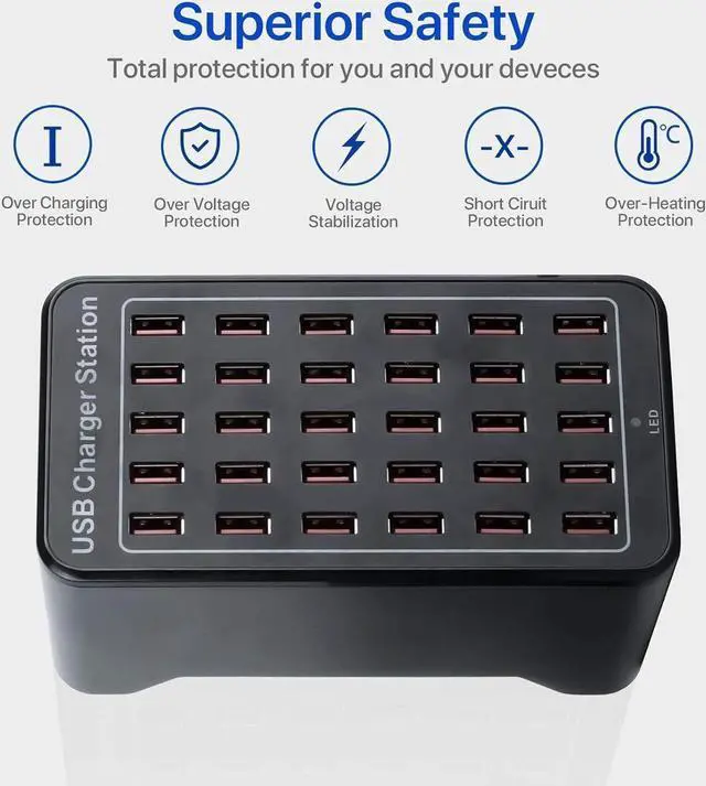 Alt view image 3 of 7 - 150w 30(30A) Port, USB Fast Charging Station,Travel Desktop USB Rapid Charger,Multi Ports Charging Station Organizer Compatible with Smartphones,Tables,and More Devices - Black
