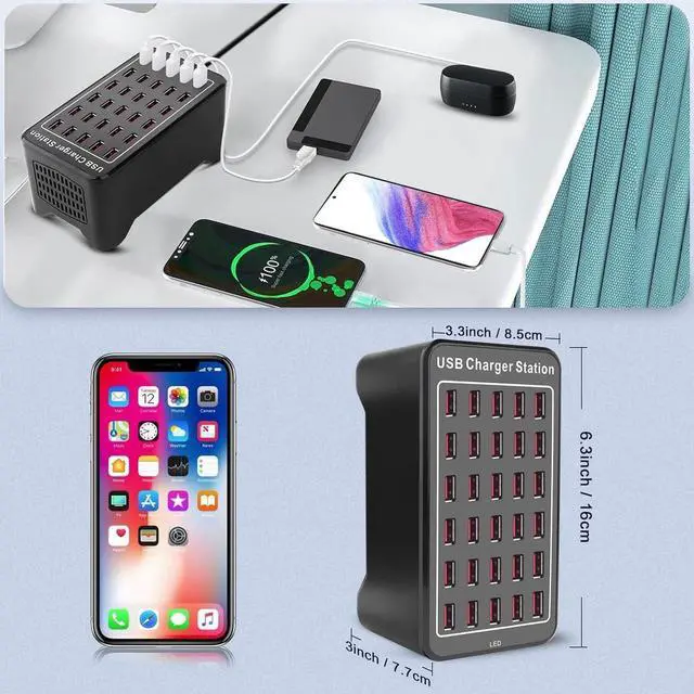 Alt view image 6 of 7 - 150w 30(30A) Port, USB Fast Charging Station,Travel Desktop USB Rapid Charger,Multi Ports Charging Station Organizer Compatible with Smartphones,Tables,and More Devices - Black