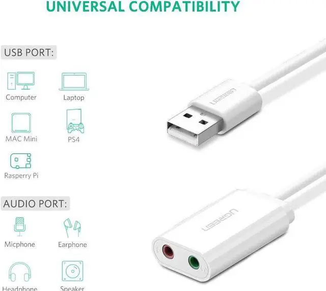 Alt view image 4 of 7 - USB Stereo Sound Card, USB External Audio Sound Adapter Card Audio Converter to 3.5mm Headphone Microphone Jack for Mac, PC, Windows.(White)