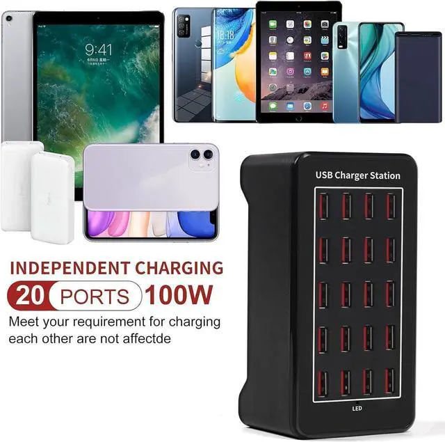 Alt view image 6 of 7 - 100w 20(20A) Port, USB Fast Charging Station,Travel Desktop USB Rapid Charger,Multi Ports Charging Station Organizer Compatible with Smartphones,Tables,and More Devices - Black