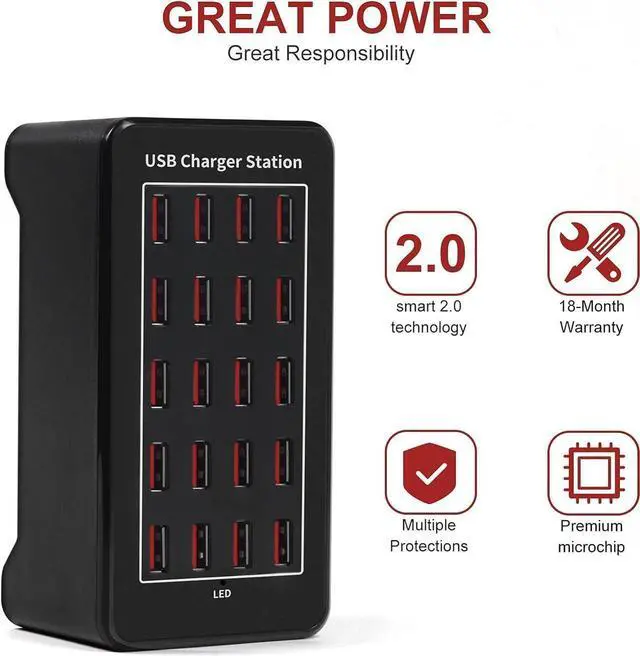 Alt view image 7 of 7 - 100w 20(20A) Port, USB Fast Charging Station,Travel Desktop USB Rapid Charger,Multi Ports Charging Station Organizer Compatible with Smartphones,Tables,and More Devices - Black