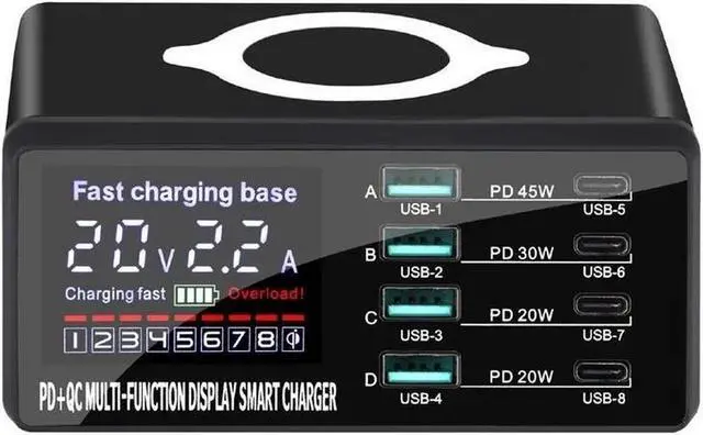 Main image of 110W 8 Port USB C Charging Station Hub Block Charger Power Strip Adapter Plug Cube, 4C4A (C1 45W + C2 30W+C3/C4 20W) + 15W Wireless Charging, USB C Fast Charger for Cell Phone, Tablet