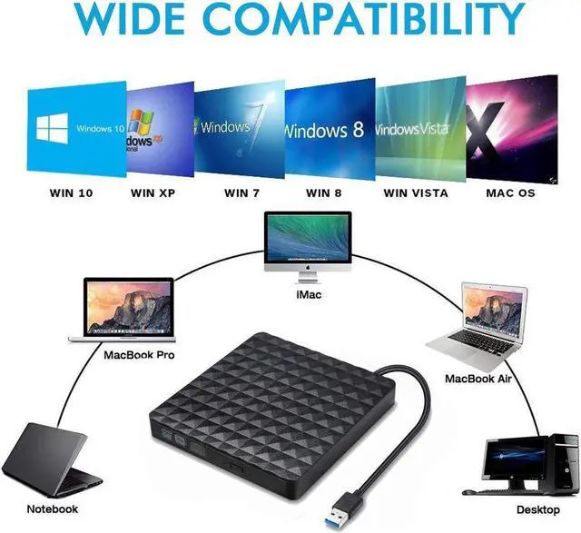 Alt view image 3 of 7 - Diamond Pattern USB 3.0 Slim External CD DVD Drive Rewriter Burner Writer, High Speed Data Transfer USB Optical Drives Player Player for PC Desktop/Laptop/Windows/Linux/Mac OS  (Black)