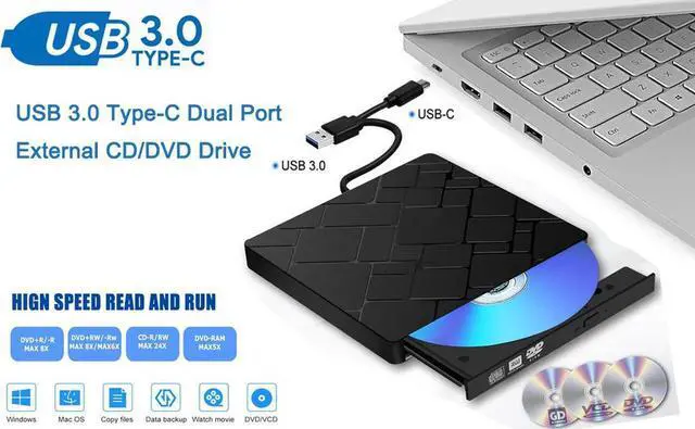 Main image of External DVD Drive, USB 3.0/Type C Dual Port Portable Slim DVD Drive,DVD Player High Speed Data Transfer Perfect for Mac OS/ Win7/Win8/Win10/Vista PC Desktop Laptop