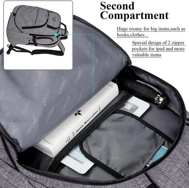 Alt view image 3 of 7 - SOCKO 17.3 Inch Shockproof Laptop Backpack with USB Port / Roomy Lightweight Water Resistant Business Travel Bag / Multi-functional Casual Daypack Bookbag School Bag College Back Pack,Gray