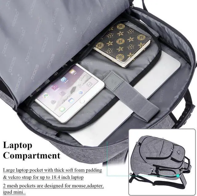 Alt view image 4 of 7 - SOCKO 17.3 Inch Shockproof Laptop Backpack with USB Port / Roomy Lightweight Water Resistant Business Travel Bag / Multi-functional Casual Daypack Bookbag School Bag College Back Pack,Gray
