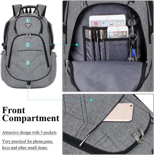 Alt view image 5 of 7 - SOCKO 17.3 Inch Shockproof Laptop Backpack with USB Port / Roomy Lightweight Water Resistant Business Travel Bag / Multi-functional Casual Daypack Bookbag School Bag College Back Pack,Gray
