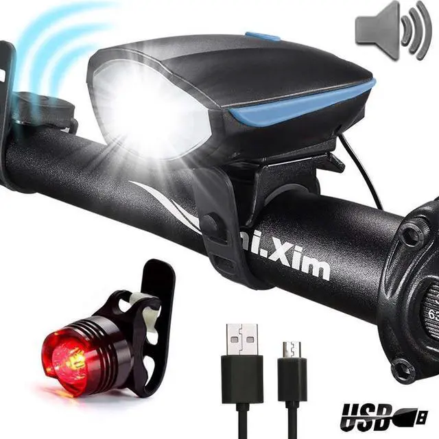 Main image of Best Bike Lights with Super Loud Bike Horn, Night Bicycle Safety Flashlight, USB Rechargeable & Waterproof LED Bicycle Light set, Bike Light Set, 3 Modes Headlight and 4 Modes Taillight, Fast Install