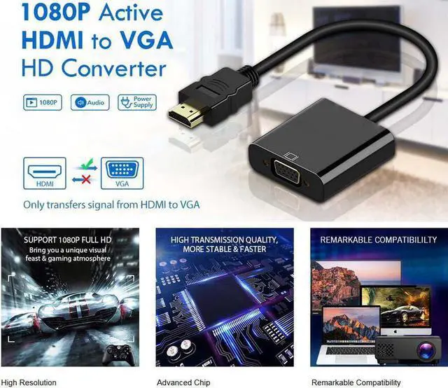 Alt view image 7 of 7 - Active HDMI to VGA Adapter with Audio, HDMI to VGA Converter Gold-Plated Cord with Audio for Laptop, Xbox 360 One, PS4 PS3