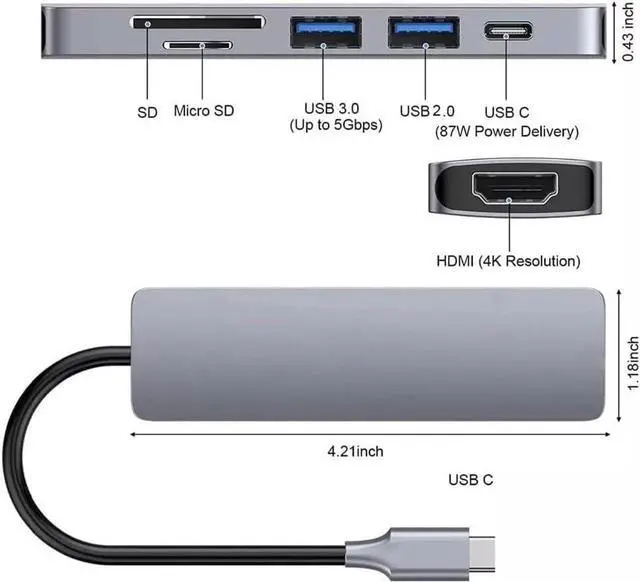 Alt view image 2 of 7 - USB C Hub, Type-C Hub Adapter 6 in 1 with HDMI 4K@30Hz, 100W PD Charging, USB3.0 5Gbps Data Port, USB 2.0, SD/TF, USB C Multiport Dongle for MacBook Pro and Other Type C Devices