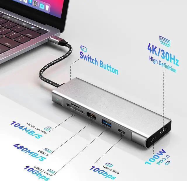Alt view image 2 of 7 - USB C Docking Station, USB C Laptop Hub Multiport Adapter Dongle Dock with 4K HDMI, M.2 SSD Enclosure, 100W PD, 10Gbps USB C, USB3.2 Ports, USB-A, TF/SD Reader for Type C Laptops